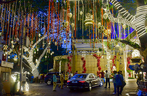 Antilia, the house of billionaire Mukesh Ambani, lit up ahead of his son Anant Ambani's wedding with Radhika Merchant